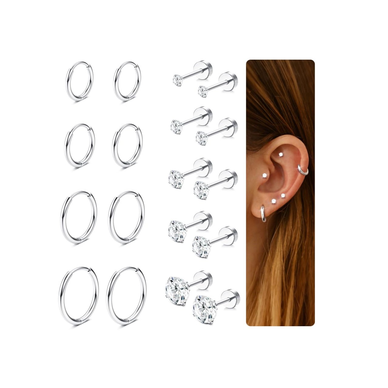 Body Jewelry Surgical Steel - 9 paires de boucles d'oreilles Cartilage,